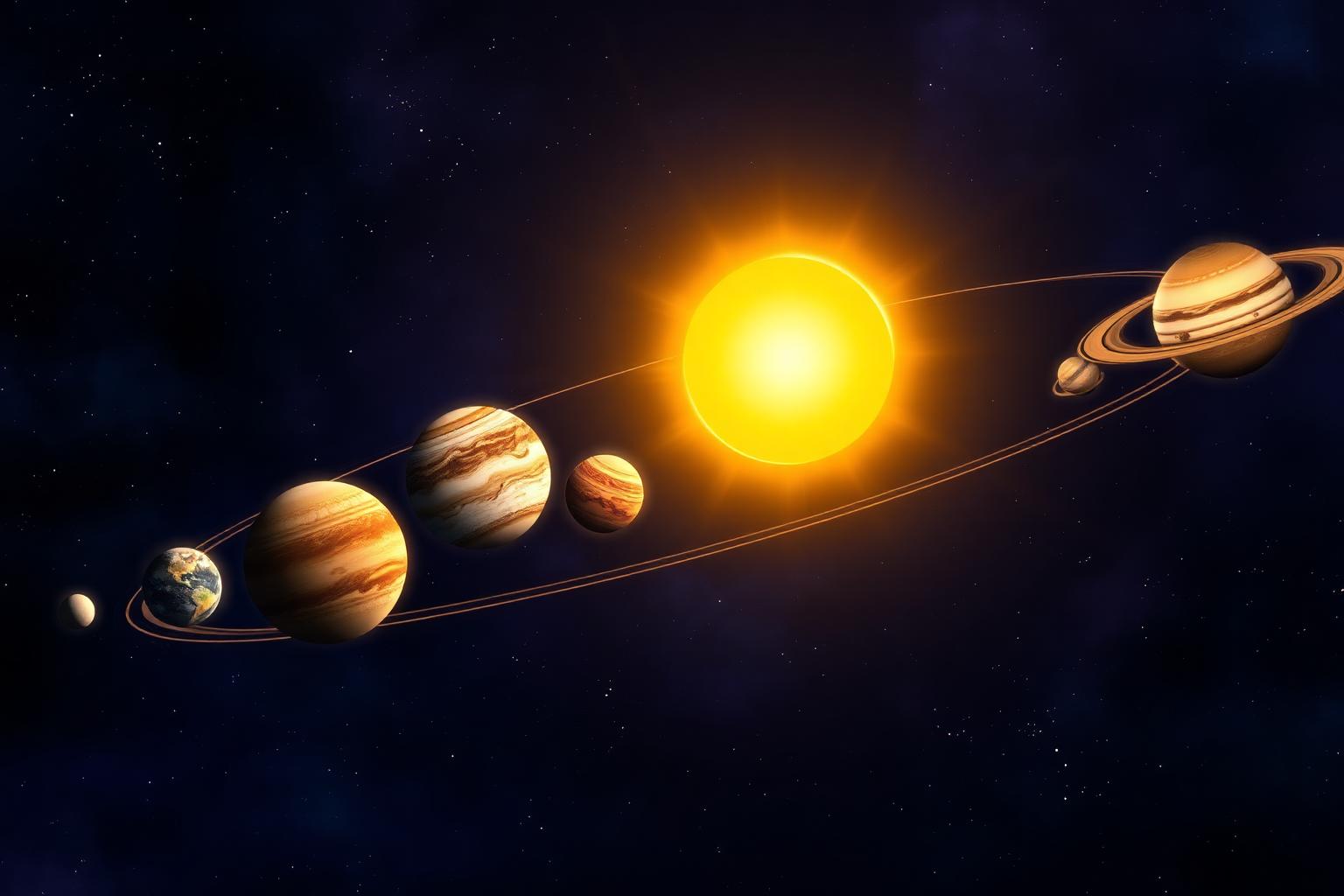 The Sun at the center with planets aligned along a horizontal elliptical orbital path